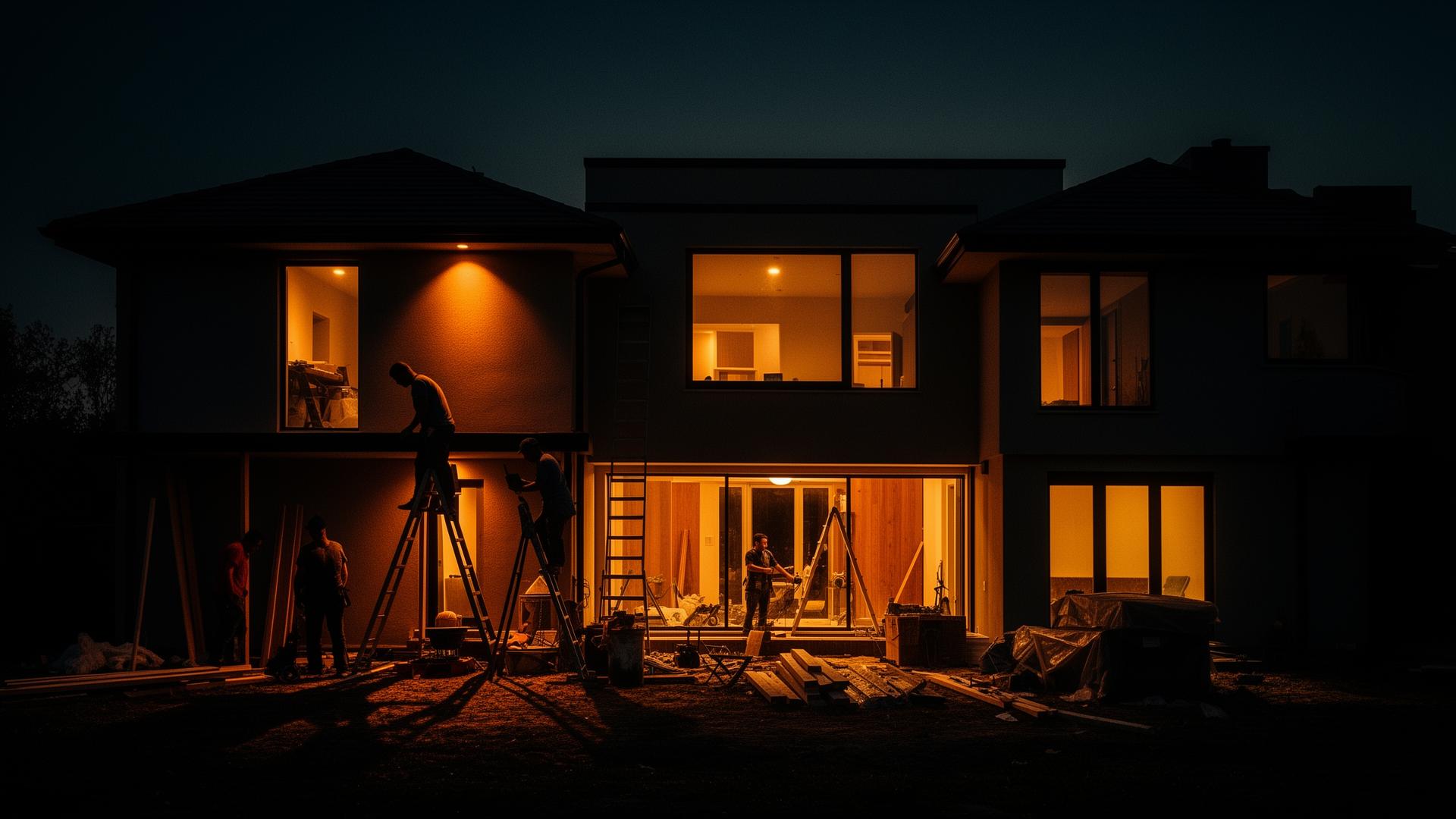 Home improvement crew working at dusk